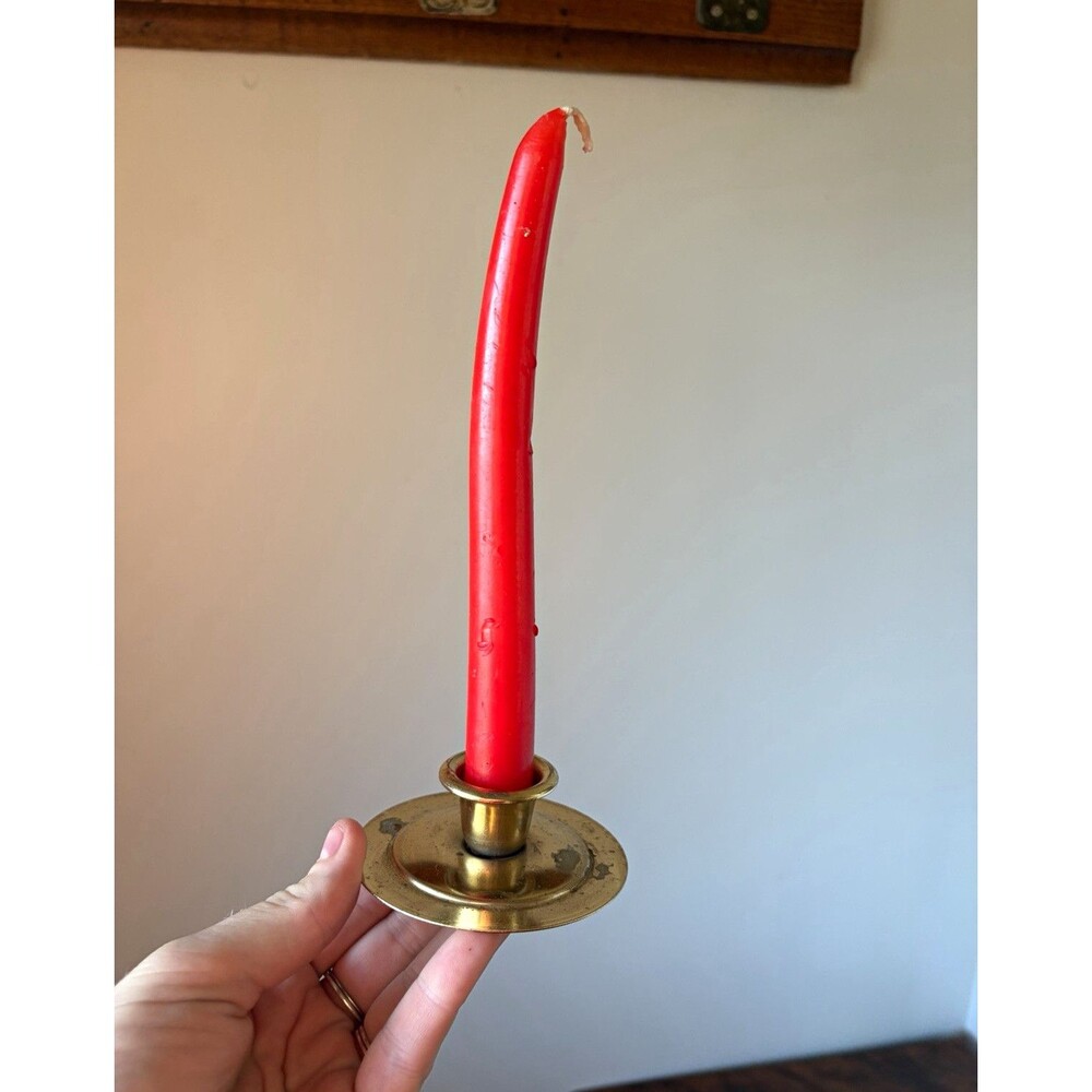 Brass Round Chamberstick Taper Candle Holder with Drip Tray, Gold Tone